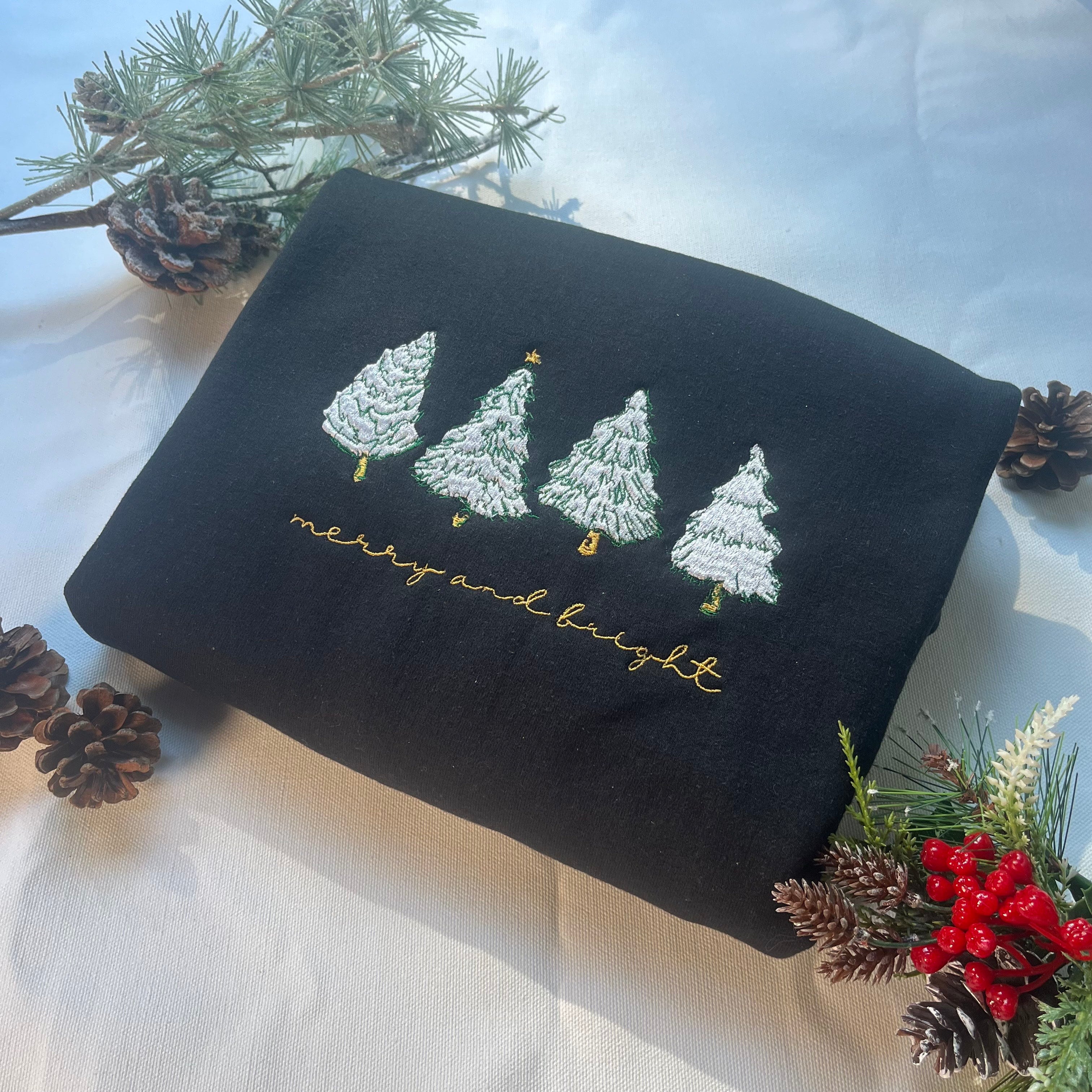 Merry and Bright Christmas Tree Embroidered Christmas Crewneck Sweatshirt
