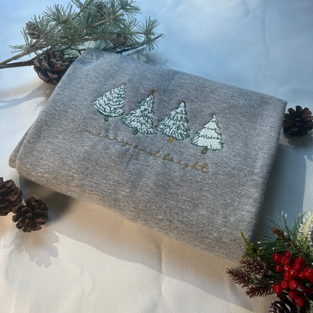 Merry and Bright Christmas Tree Embroidered Christmas Crewneck Sweatshirt