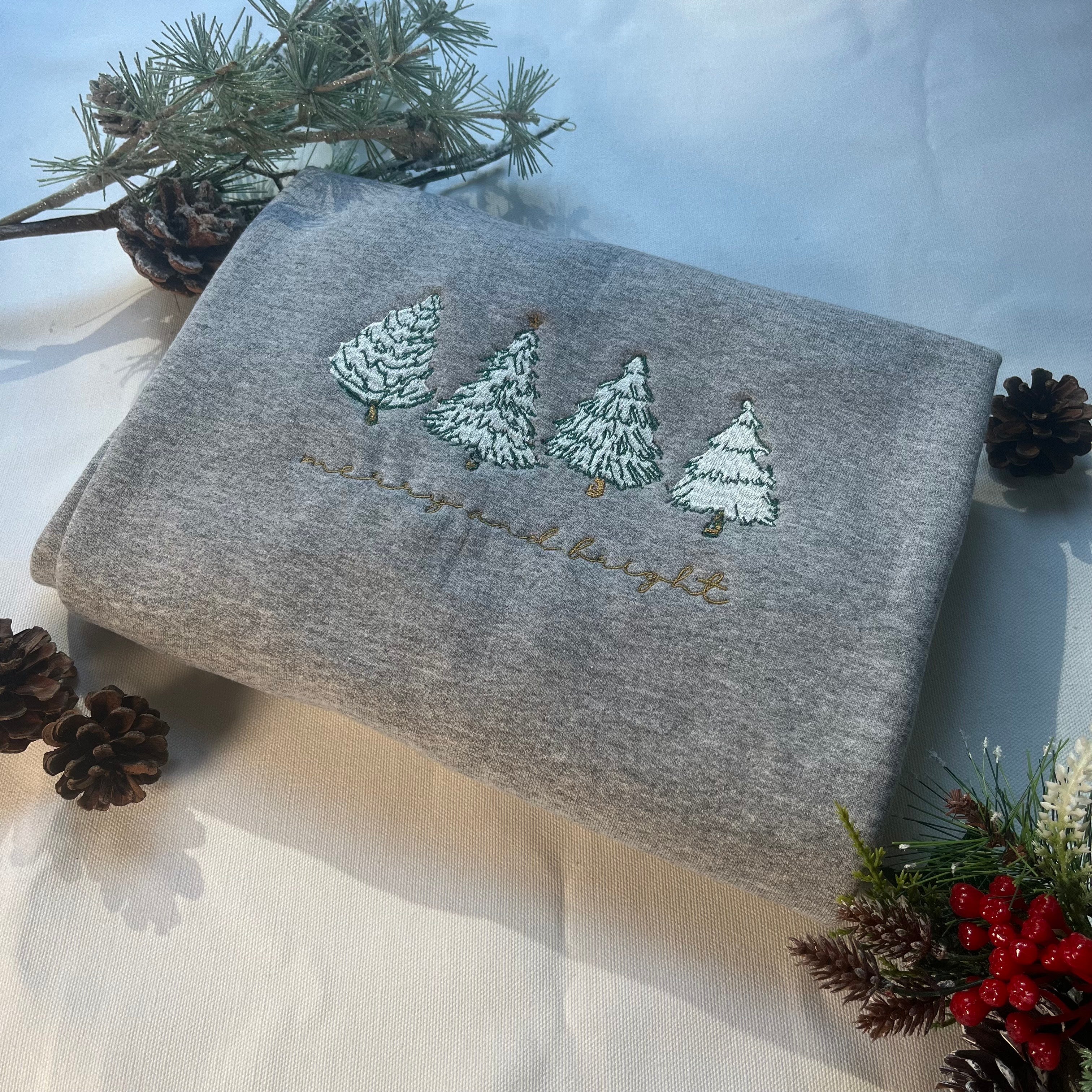 Merry and Bright Christmas Tree Embroidered Christmas Crewneck Sweatshirt