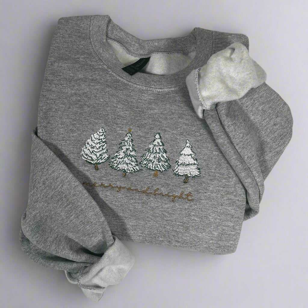 Merry and Bright Christmas Tree Embroidered Christmas Crewneck Sweatshirt